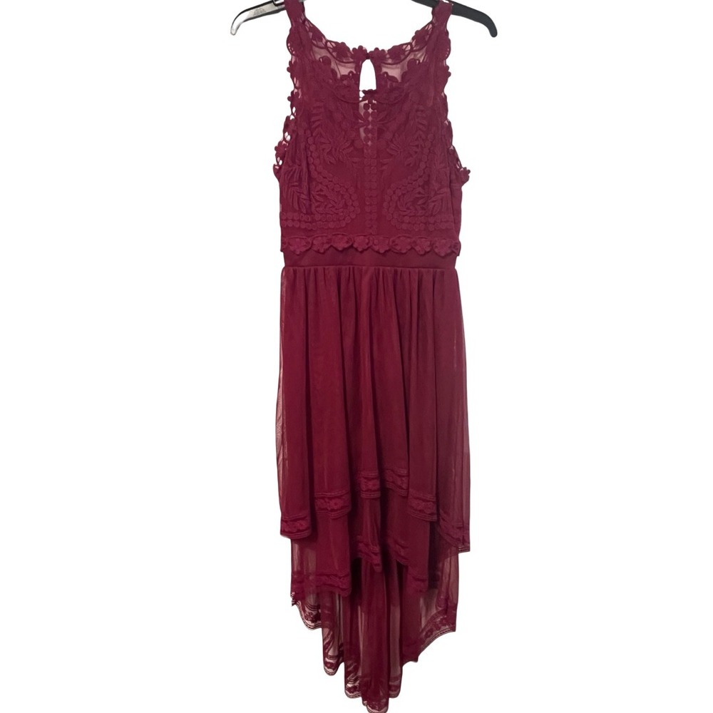 Francescas Burgundy Lace High Low Dress Sleeveless Mesh Floral XS